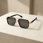 Unisex Square Aviator Sunglasses Black Gold Metal Frame Gray Lens With Browncase
