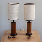 2 Vintage Mid-century Modern Walnut Table Lamps With Original Shades