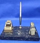 20 s 30 s Antique Art Deco Portoro Marble Desk Set Brass Calendar Hand Clip Rare