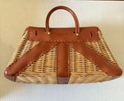 Vintage British Hon Kong-made Wicker   Leather Fishing Creel Basket With Handle