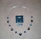 Vintage Silver   Steel Necklace   Earring Set With Hematite Hearts   Blue Beads