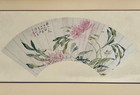 Early 20th Century Chinese  peony  Mounted Fan Painting  Ink And Color On Paper
