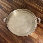 Vtg Solid Brass Round Gallery Serving Tray Floral Handles Made In India 10 75   