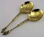 Unusual Dutch Solid Silver Gilt Apostle Serving Spoons Beer Scenes C1890 Antique