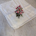 Vintage White Linen Handkerchief Embroidered Pink Rosebuds And Green Stems