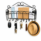 Black Wrought Iron Wall Key Rack Mail Holder Basket Organizer 5 Hooks