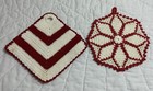 Two Vintage Hand Crocheted Potholders  Hot Pads  Red   White  Round  Fan