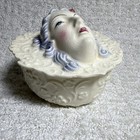 Heart Shaped Ceramic Powder Jar Trinket Box W  Lady Face Lid Blue Hair Bow Vtg