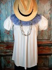 Sm Peasant Blouse Hand Embroidery Blue   White Rayon Fabric Mayan Chiapas Mexico