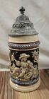 High Relief German Made Vintage Beer Stein With Pewter Lid  1940 s