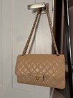 Chanel Classic Flap Jumbo Shoulder Bag Beige Caviar Leather Gold Hardware Auth