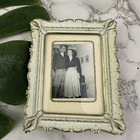 Vintage 70s Metal Picture Frame White Brass Filigree Trim Small Mini Flecked