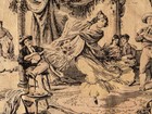 Antique Victorian Era Wall Tapestry Courtyard Scene Dancing Women Men Hourses