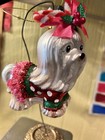 Yorkie Yorkshire White Terrier Dog Blown Glass Christmas Ornament Glitter Bows