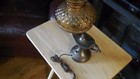 2 Brass Antique Aladdin Themed Lamps W  Quilted Pearl Amber Globes clear Chimney