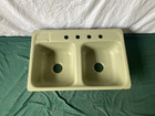 Vtg Cast Iron Avocado Green Porcelain Double Basin Drop In Kitchen Sink 351-25e