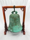 Chinese Style Brass Temple Bell Verdigris Patina Dragon Handle Wood Stand Decor