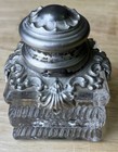 Antique Cut Glass Crystal Inkwell Hinged Top Silver Read