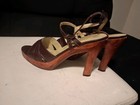 Vtg 70 s Sbicca Platform Funk Faux Wood Disco Sandal Shoes Heels 8 9 Boho