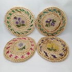 Vintage 1970s Woven Straw And Rattan Trivet Hot Pad With Floral Center Set Of 4