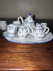 Vintage Dollhouse Miniature Porcelain Blue Dots Tea Set 14 Piece