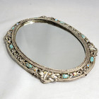Vintage Oval Mirror Vanity Tray With Floral Design And Inlaid Cut Glass   Stones
