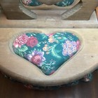Vintage Fabric Lined Bushel Flip Top Sewing Basket With Heart Shaped Handle