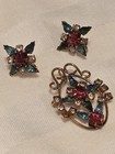 Vtg P f 12k Gold Filled Brooch   Earrings Demi Parure Pink Blue Glass Rhinestone