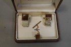 Vintage Grand Prix Tiger s Eye Cufflinks Tie Tack Set Mens Gold Tone W  Box