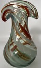 Vintage Handblown Art Glass Fan Top Vase Amber Green Swirl Mcm Boho Cottage