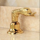 Gold Bathroom Sink Faucet Widespread 3-hole 2 Swan Handles Deck Mount Mixer Tap
