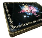 1970s Vintage Floral Tin  Black   Gold Trim Hinged Lid  England Uk