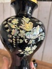 Vintage Black Lacquer Over Brass Vases Floral Mother Of Pearl Inlay Korean