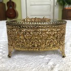 Vtg 1960s Ormolu Filigree Glass Top Jewelry Casket 4 5  Footed Oval Box Regency