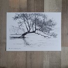 Original Sketch With Black Marker  Rural Landscape Trees Unique Minimalistic Art