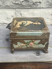 Vintage Queen Victoria Decoupage Jewelry Trinket Box Footed Green Gold Filigree