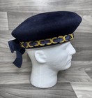 Vintage Eric Javits Blue Velour Tally Ho Hat Beret Gold Accents
