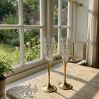 Set Of 2 Etched Champagne Flutes  Vintage Floral Glass With Gold Base Stems