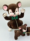 Rare Vintage 1950s Kitsch Flocked Bear Family Brown 6 Cubs On Chain Bow Tie