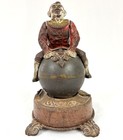 Antique J    E  Stevens Cast Iron Clown On Globe Ball Mechanical Bank C  1890