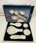 Vintage Silver Plate Dresser Vanity Set Hand Mirror Comb Brush Powder Jar 5 Pc