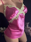 Vtg Satin Silky Soft Hot Pink Nightie Cami Office Gal Camisole Chantilly Lace L