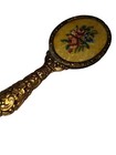 Vintage Hand Held Travel Vanity Mirror Pierced Brass With Embroidery Back