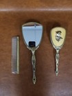 Vintage 3-pc Vanity Set Hand Mirror Brush Comb Brass Embossed Rose Gold Tone