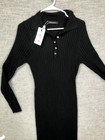 Merokeety Sweater Dress Womens Xl Black Ribbed Knit Long Sleeve Polo Midi