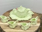 Antique Vtg Chinese Handmade Light Mint Green Art Glass Tea Pot plate cups  box