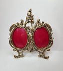Victorian Style Double Oval Easel Picture Frame Gold Tone Cast Ornate Metal Vtg