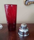 Vintage Cocktail Shaker Ruby Red  Art Deco Style Glass And Chrome Drink Mixer