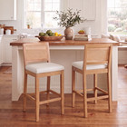 Bar Stools 28  Set Of 2 Solid Wood High Chairs Rattan-back Linen Cushion Rustic