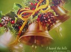 Vintage Christmas Greeting Card Christmas Bells W Holly Evergreen   Pine Cones